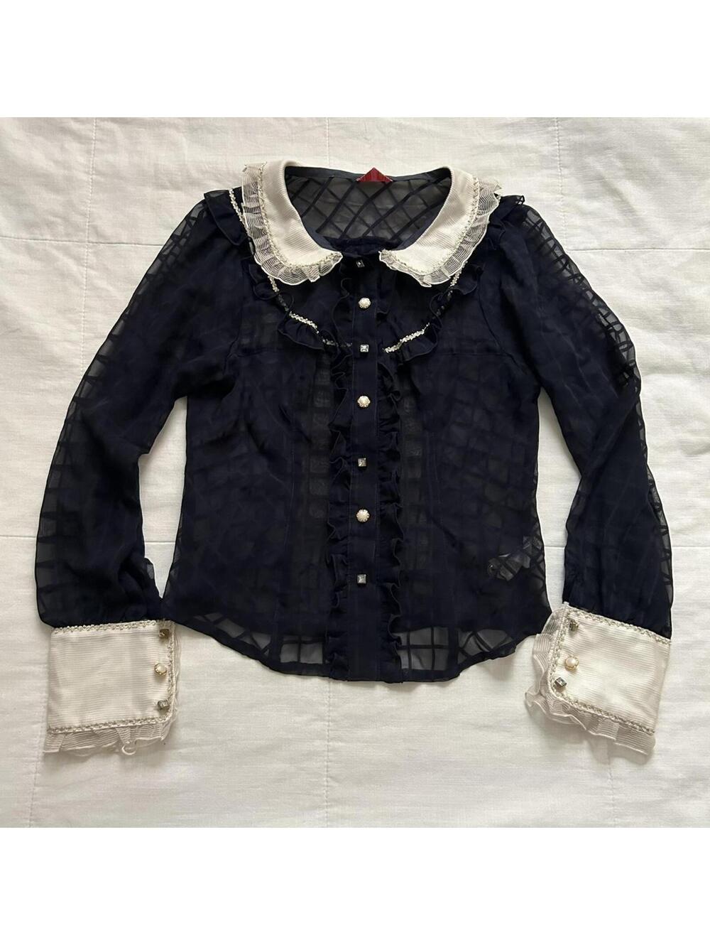 Baby, the Stars Shine Bright Navy Sheer Lace Collar Blouse Size S Japan